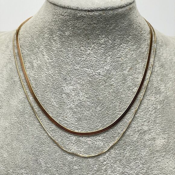 Anthropologie Serefina Gold Tone 2 Layer Snake Chain Chevron Chain Necklace - Picture 1 of 8